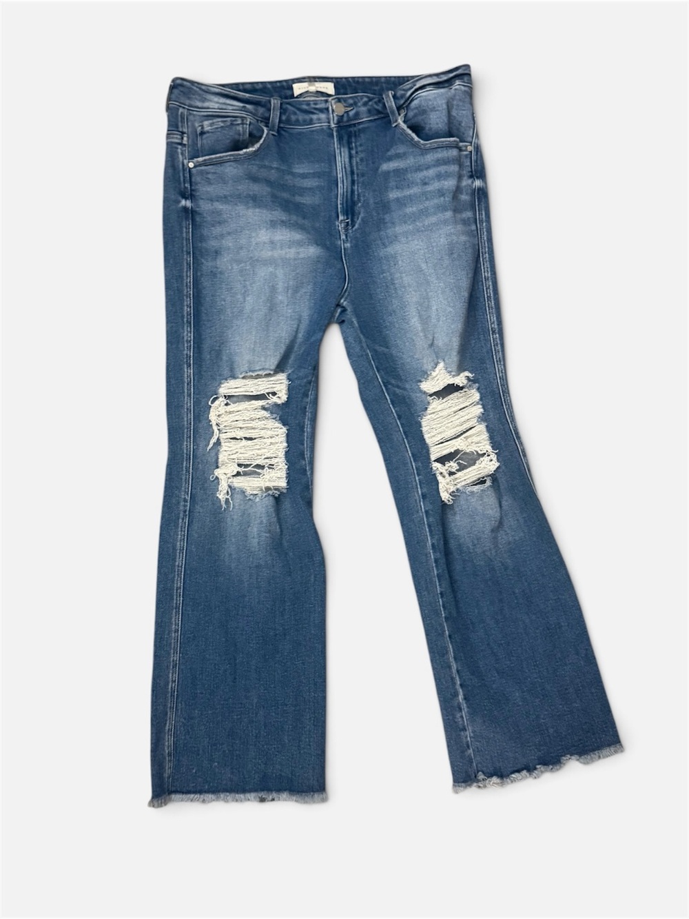 Risen High Rise Distressed Wide Leg Jeans Raw Frayed Hem Medium Wash 1XL